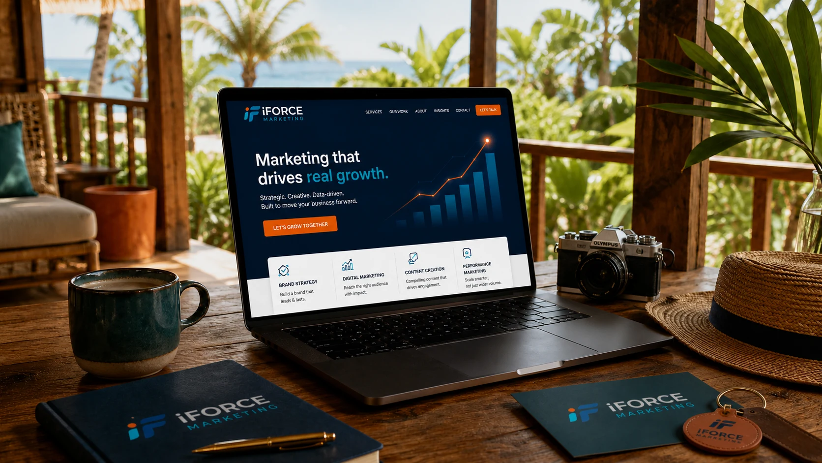 iFORCE Marketing website displayed on a laptop in a tropical Belize workspace