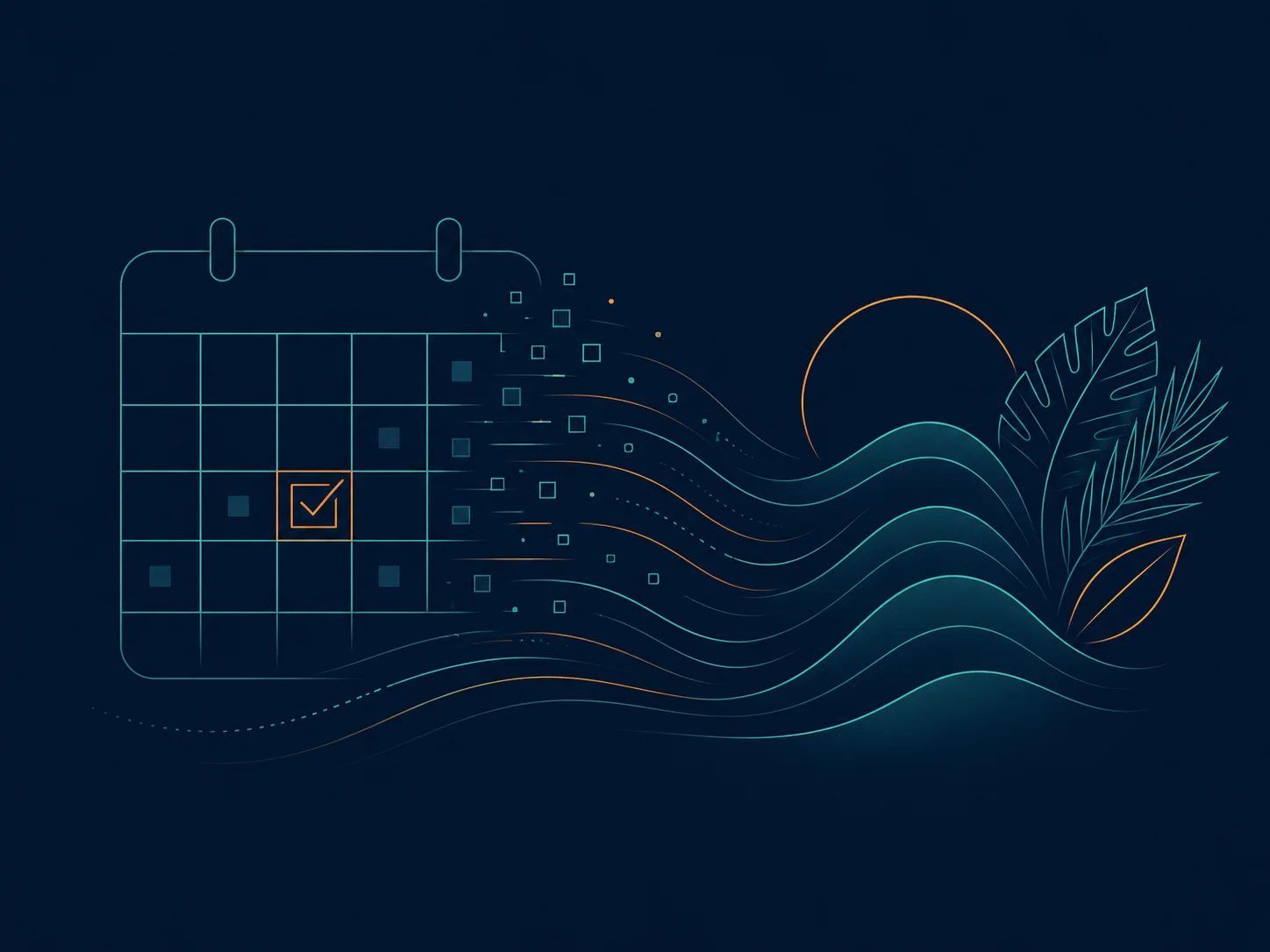 Booking calendar flowing into tropical waves and leaves
