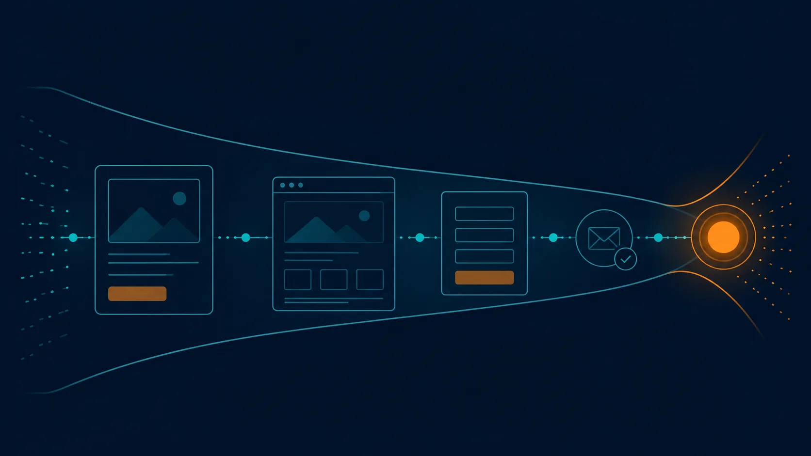 Advertising, landing page, form, and follow-up stages connected around one action
